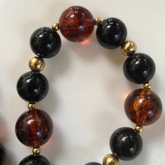 🧡Vintage Faux Jet & Amber Graduated Round Beads long Statement Necklace - Picture 5 of 7